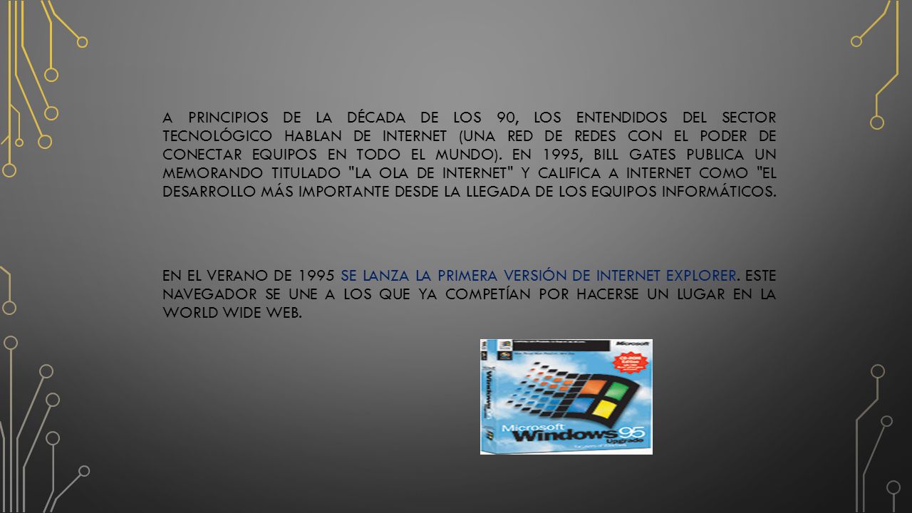 A principios de la década de los 90, los entendidos del sector tecnológico hablan de Internet (una red de redes con el poder de conectar equipos en todo el mundo).