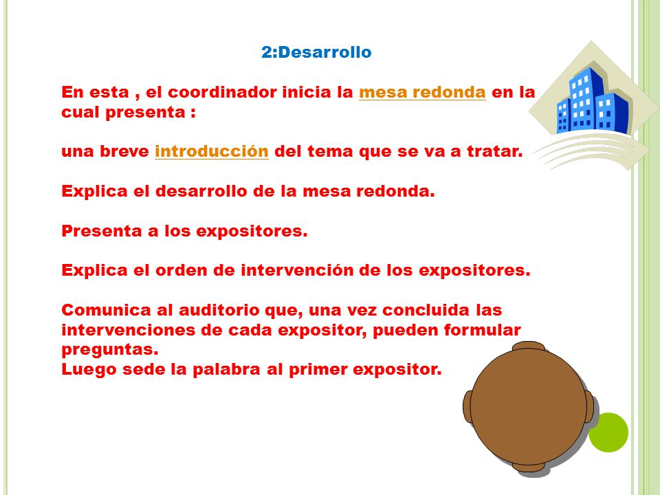 2:Desarrollo En esta , el coordinador inicia la mesa redonda en la cual presenta : una breve introducción del tema que se va a tratar.