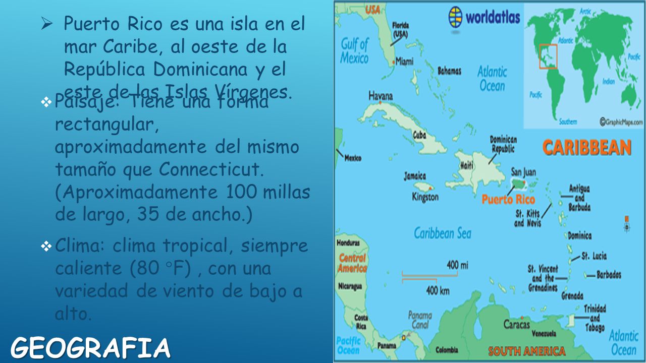 Puerto Rico es una isla en el mar Caribe, al oeste de la República Dominicana y el este de las Islas Vírgenes.