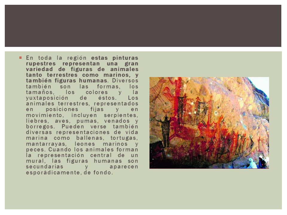 En toda la región estas pinturas rupestres representan una gran variedad de figuras de animales tanto terrestres como marinos, y también figuras humanas.