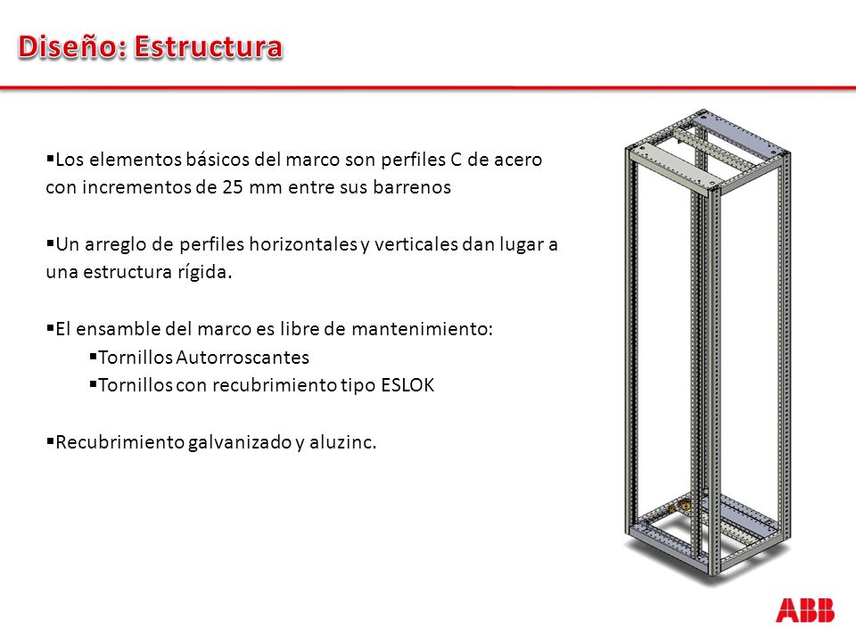 Diseño: Estructura Los elementos básicos del marco son perfiles C de acero con incrementos de 25 mm entre sus barrenos.