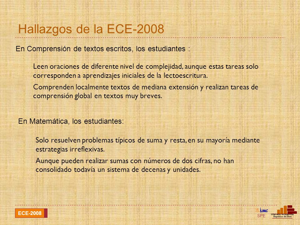 Hallazgos de la ECE-2008 En Comprensión de textos escritos, los estudiantes :