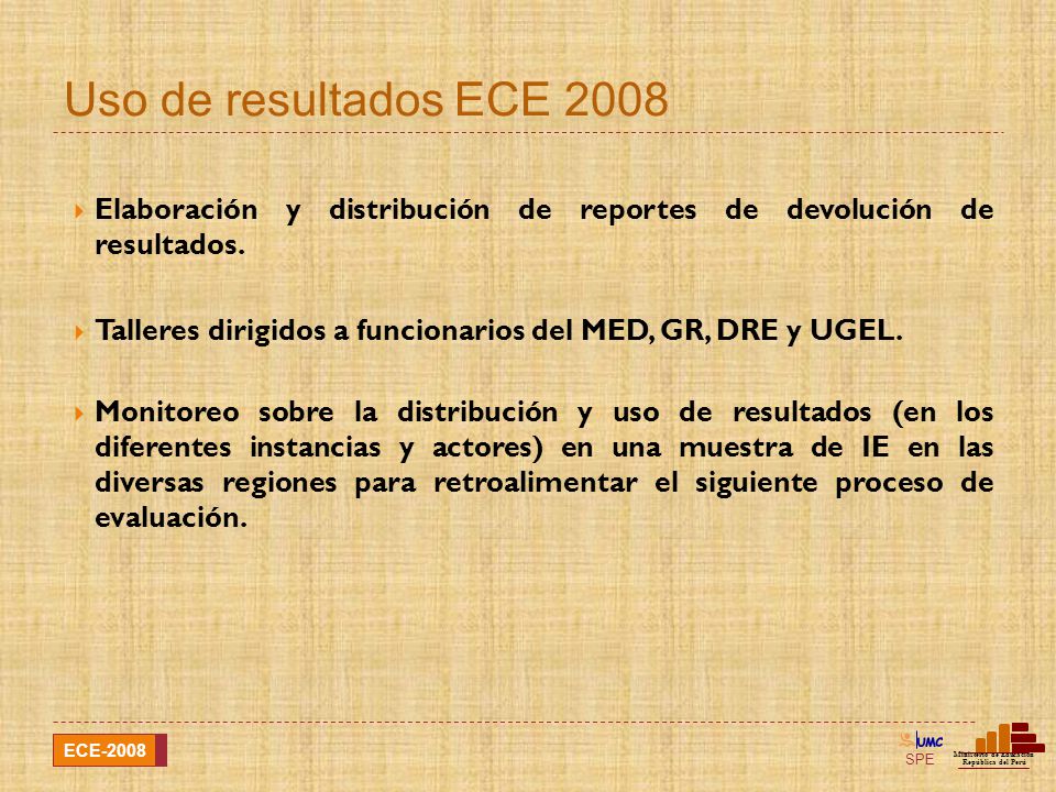 Uso de resultados ECE 2008 Elaboración y distribución de reportes de devolución de resultados.