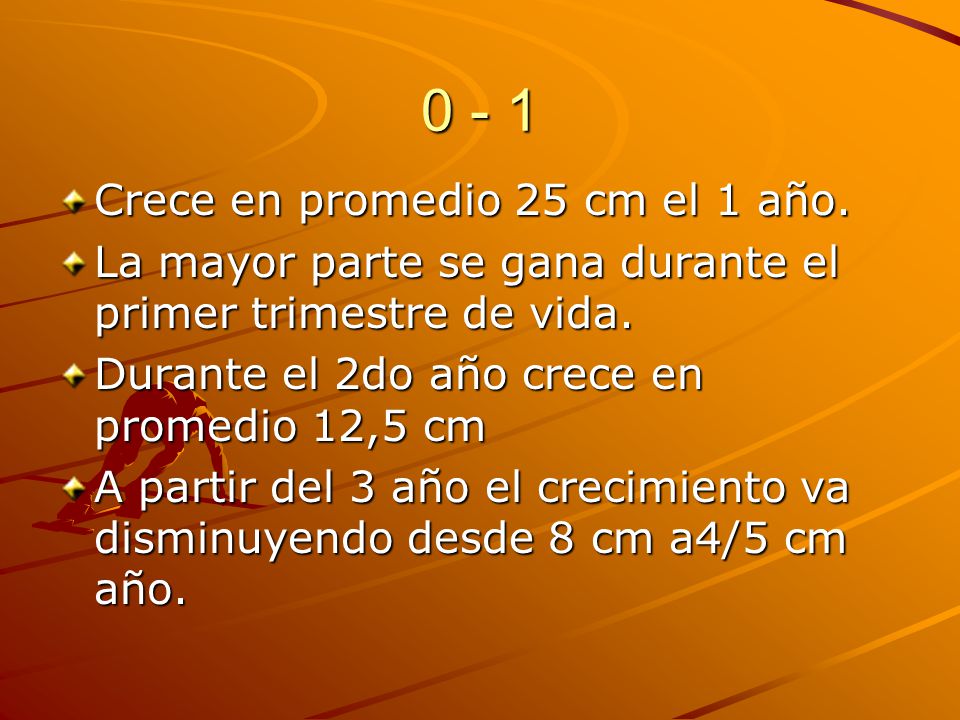 0 - 1 Crece en promedio 25 cm el 1 año.