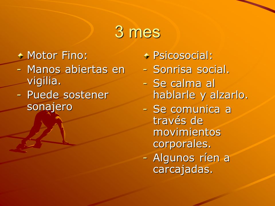 3 mes Motor Fino: Manos abiertas en vigilia. Puede sostener sonajero