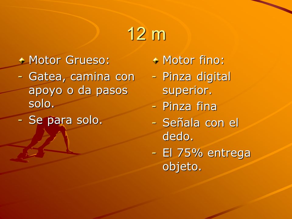 12 m Motor Grueso: Gatea, camina con apoyo o da pasos solo.