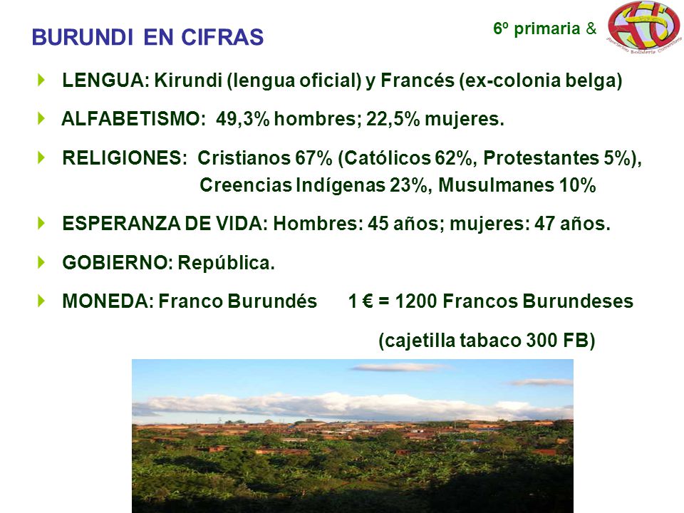 6º primaria & BURUNDI EN CIFRAS. LENGUA: Kirundi (lengua oficial) y Francés (ex-colonia belga) ALFABETISMO: 49,3% hombres; 22,5% mujeres.