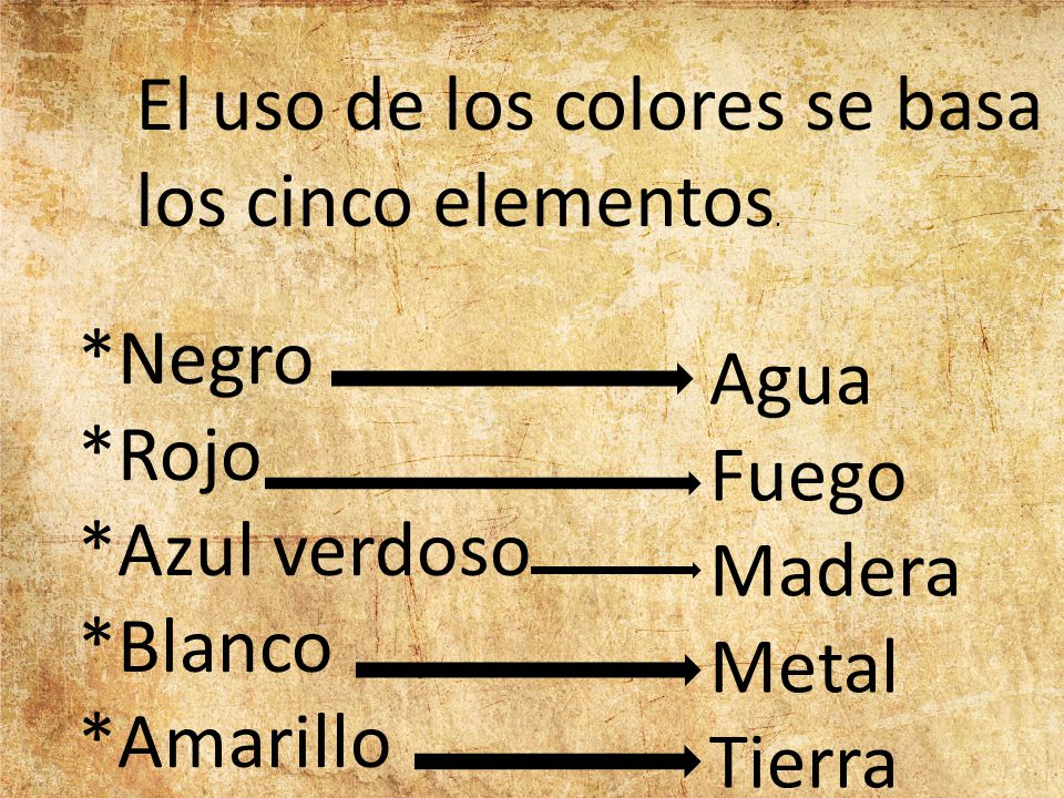 El uso de los colores se basa en los cinco elementos.