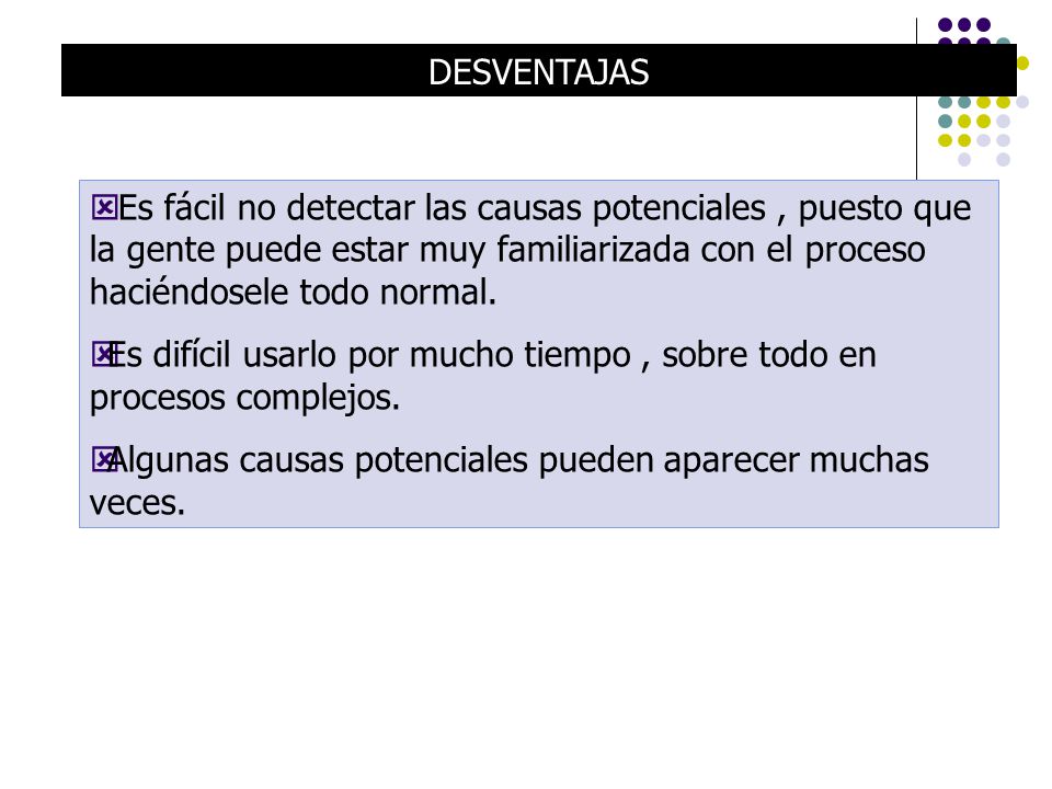 DESVENTAJAS Es fácil no detectar las causas potenciales , puesto que la gente puede estar muy familiarizada con el proceso haciéndosele todo normal.