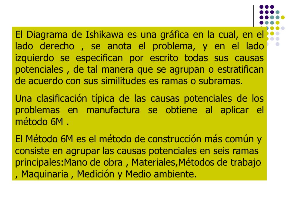 El Diagrama de Ishikawa es una gráfica en la cual, en el lado derecho , se anota el problema, y en el lado izquierdo se especifican por escrito todas sus causas potenciales , de tal manera que se agrupan o estratifican de acuerdo con sus similitudes es ramas o subramas.