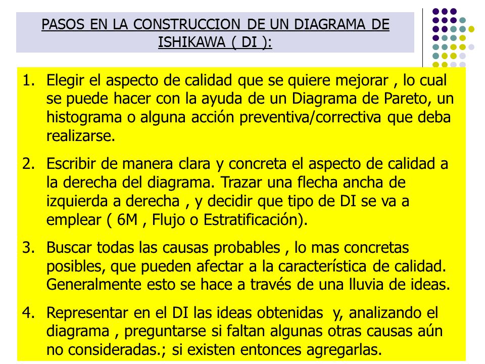 PASOS EN LA CONSTRUCCION DE UN DIAGRAMA DE ISHIKAWA ( DI ):