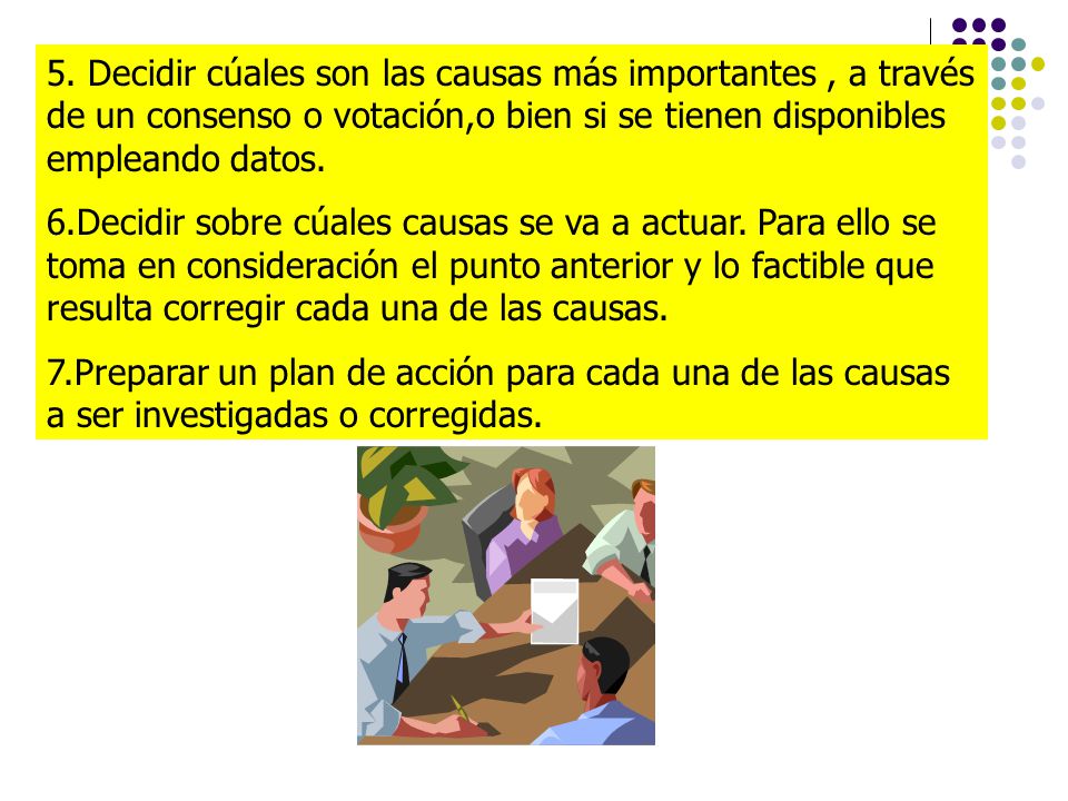 5. Decidir cúales son las causas más importantes , a través de un consenso o votación,o bien si se tienen disponibles empleando datos.