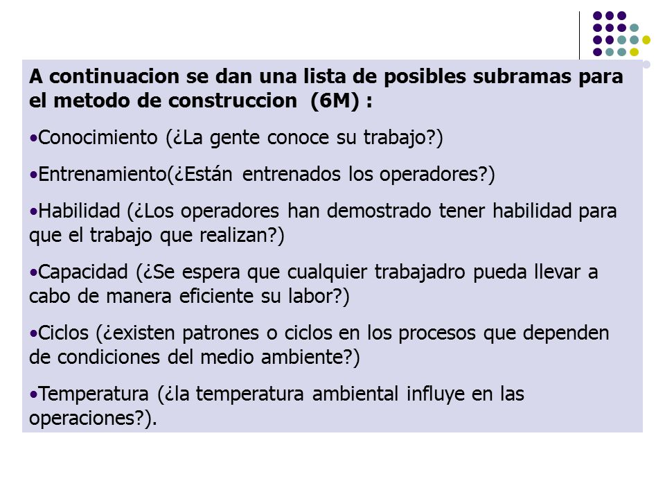 A continuacion se dan una lista de posibles subramas para el metodo de construccion (6M) :