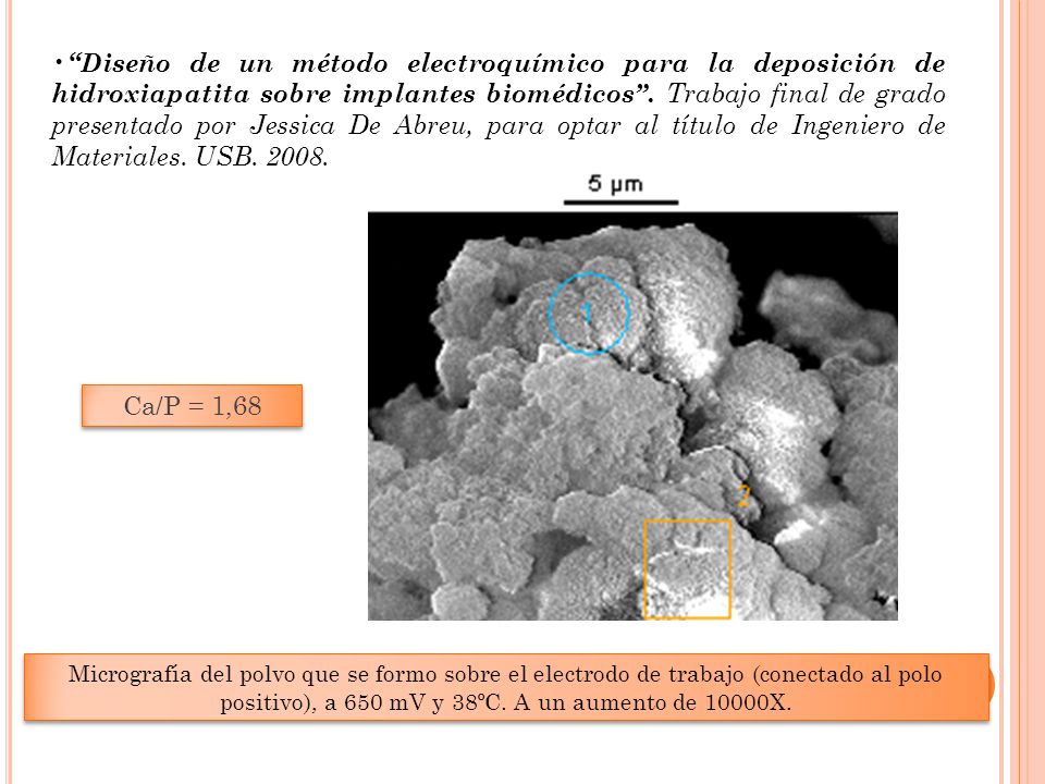 Diseño de un método electroquímico para la deposición de hidroxiapatita sobre implantes biomédicos . Trabajo final de grado presentado por Jessica De Abreu, para optar al título de Ingeniero de Materiales. USB