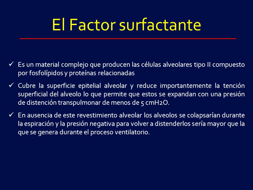 El Factor surfactante Es un material complejo que producen las células alveolares tipo II compuesto por fosfolípidos y proteínas relacionadas.