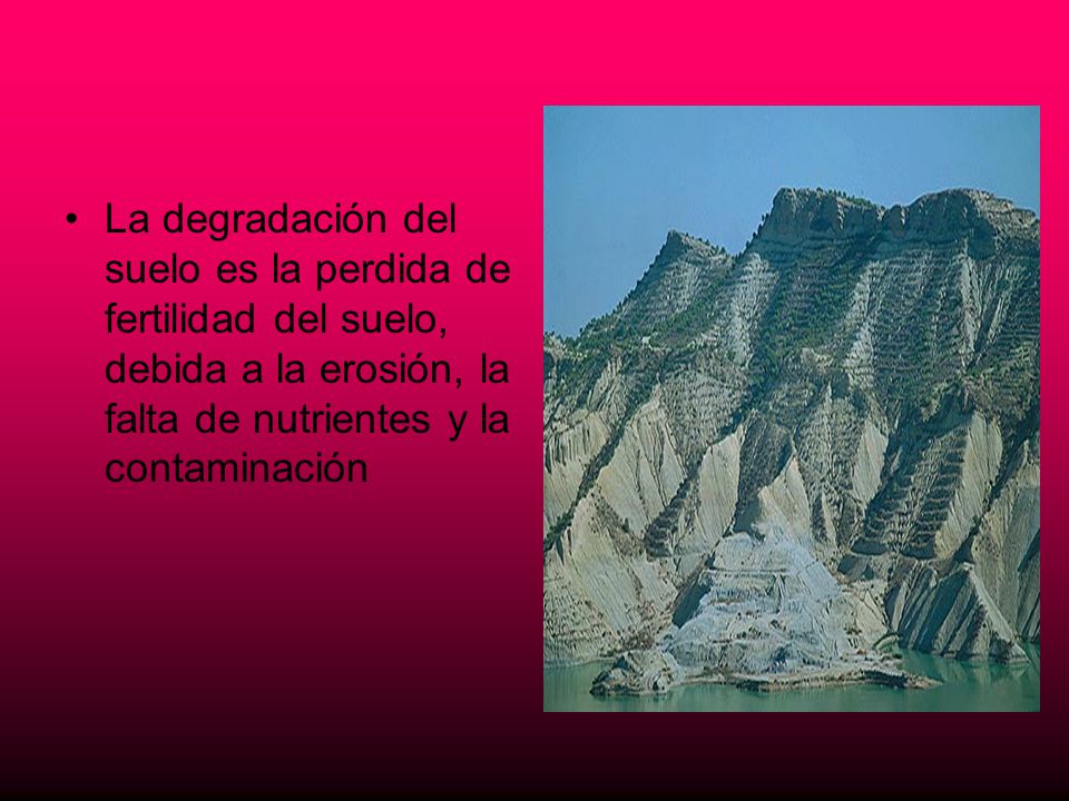 La degradación del suelo es la perdida de fertilidad del suelo, debida a la erosión, la falta de nutrientes y la contaminación