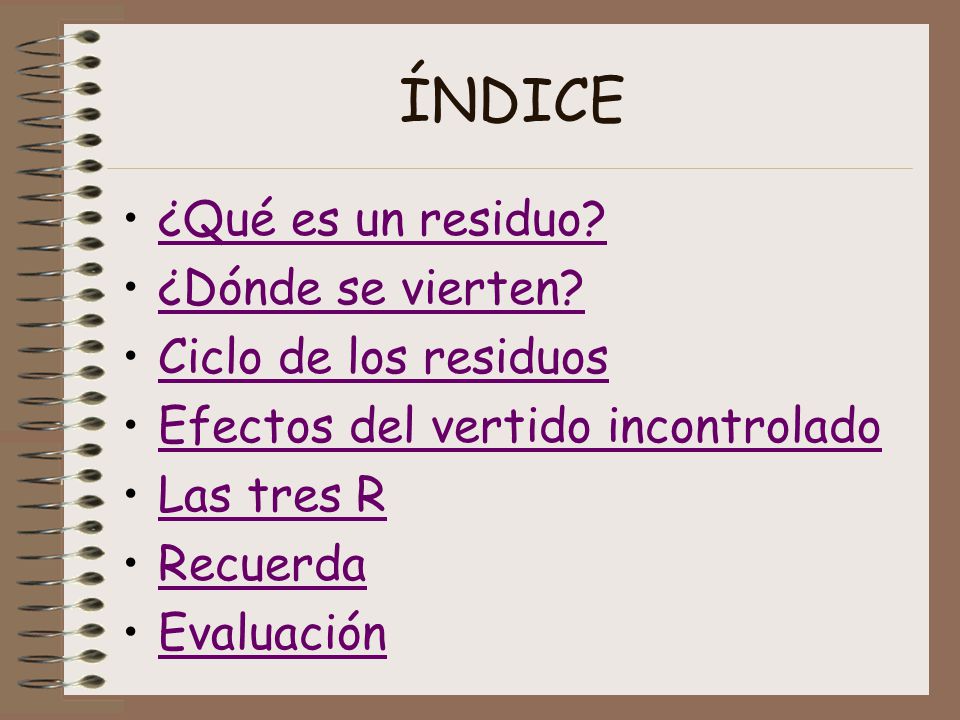 ÍNDICE ¿Qué es un residuo ¿Dónde se vierten Ciclo de los residuos