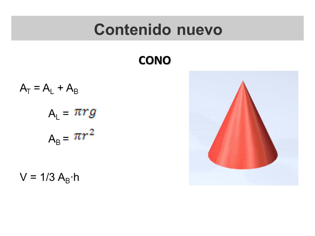 Contenido nuevo CONO AT = AL + AB AL = AB = V = 1/3 AB·h