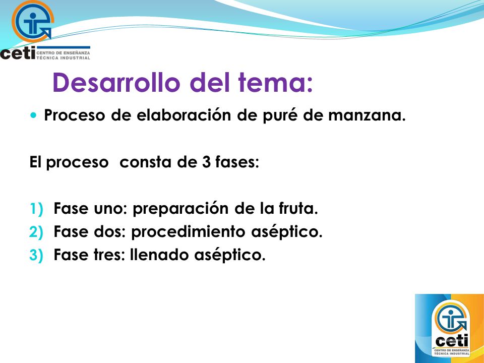 Desarrollo del tema: Proceso de elaboración de puré de manzana.