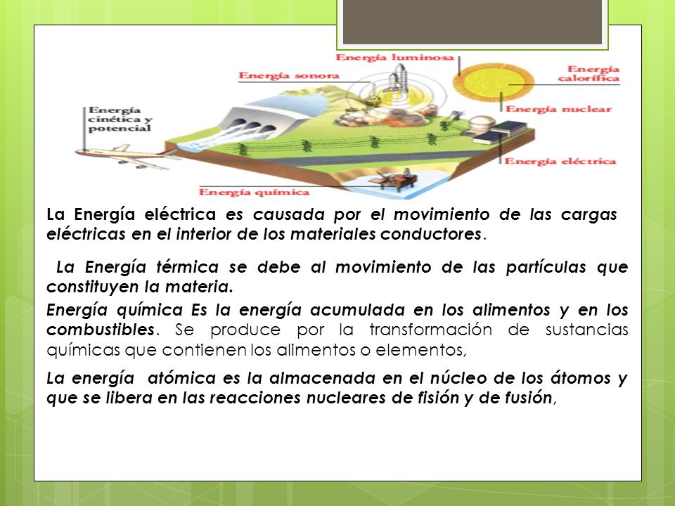 La Energía eléctrica es causada por el movimiento de las cargas eléctricas en el interior de los materiales conductores.