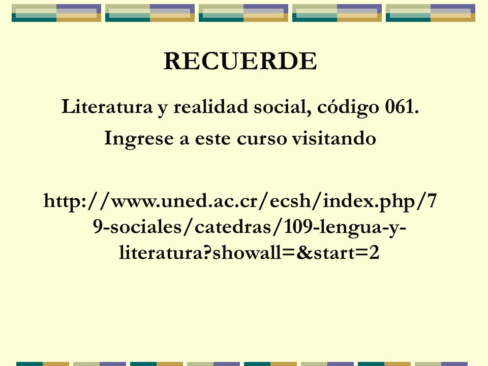 RECUERDE Literatura y realidad social, código 061.