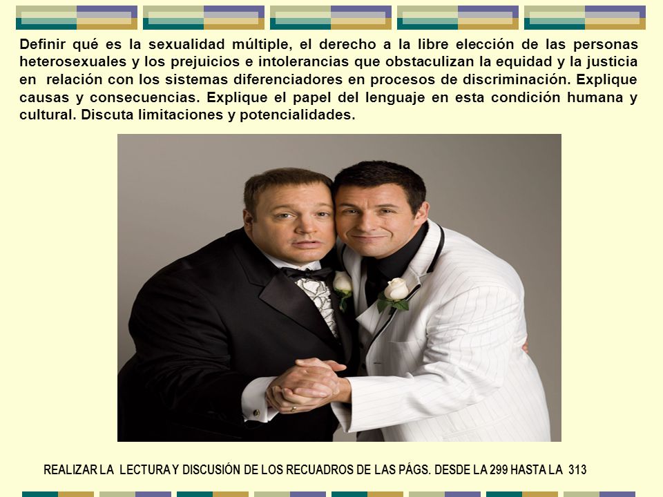 Definir qué es la sexualidad múltiple, el derecho a la libre elección de las personas heterosexuales y los prejuicios e intolerancias que obstaculizan la equidad y la justicia en relación con los sistemas diferenciadores en procesos de discriminación. Explique causas y consecuencias. Explique el papel del lenguaje en esta condición humana y cultural. Discuta limitaciones y potencialidades.