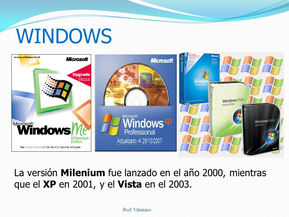 WINDOWS La versión Milenium fue lanzado en el año 2000, mientras que el XP en 2001, y el Vista en el