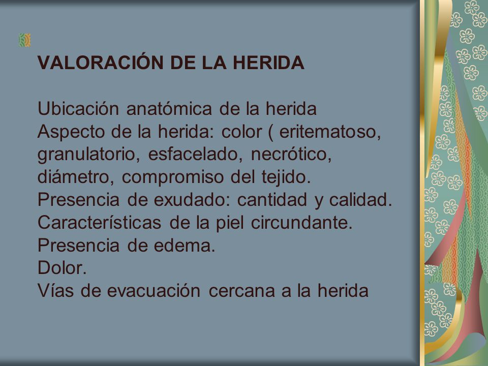 VALORACIÓN DE LA HERIDA Ubicación anatómica de la herida Aspecto de la herida: color ( eritematoso, granulatorio, esfacelado, necrótico, diámetro, compromiso del tejido.