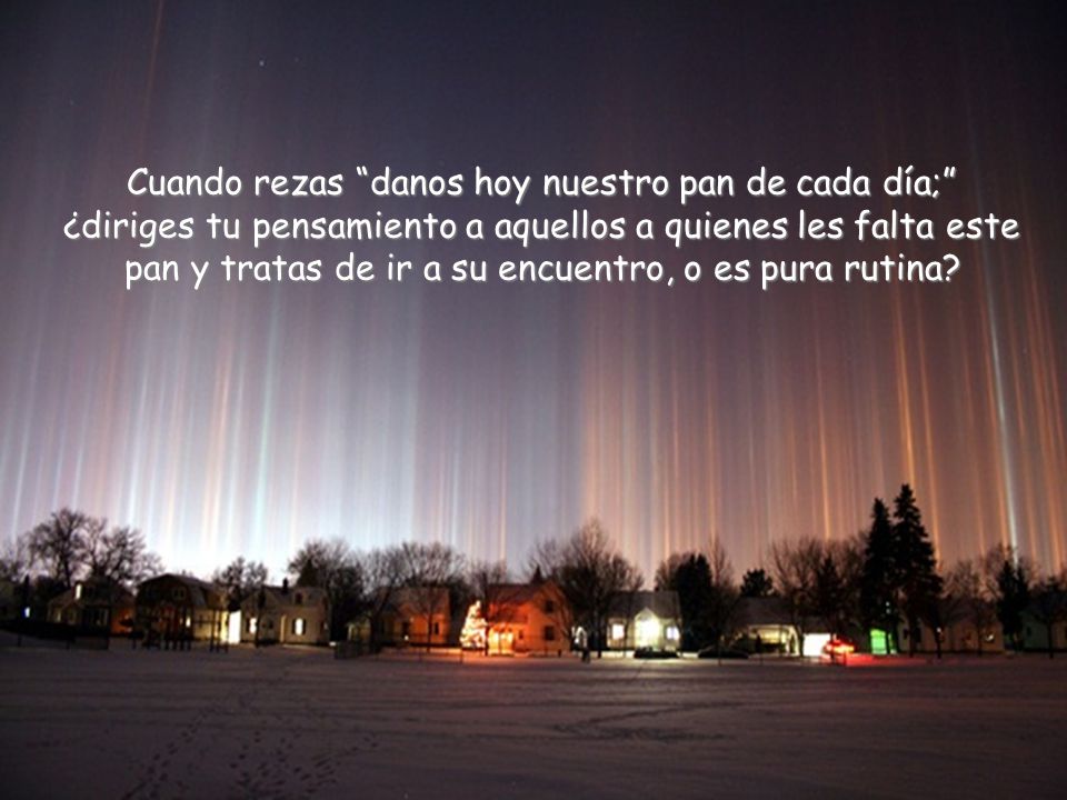 Cuando rezas danos hoy nuestro pan de cada día; ¿diriges tu pensamiento a aquellos a quienes les falta este pan y tratas de ir a su encuentro, o es pura rutina