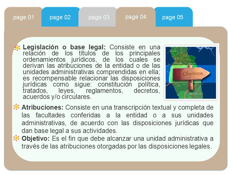 Legislación o base legal: Consiste en una relación de los títulos de los principales ordenamientos jurídicos, de los cuales se derivan las atribuciones de la entidad o de las unidades administrativas comprendidas en ella; es recompensable relacionar las disposiciones jurídicas como sigue: constitución política, tratados, leyes, reglamentos, decretos, acuerdos y/o circulares.
