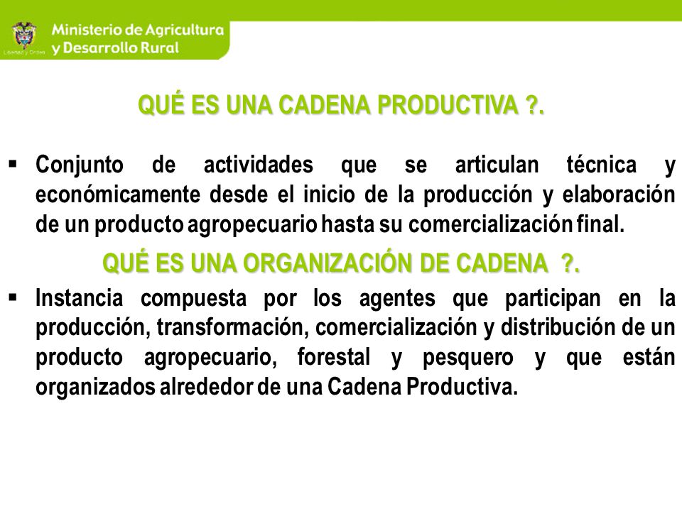 QUÉ ES UNA CADENA PRODUCTIVA . QUÉ ES UNA ORGANIZACIÓN DE CADENA .