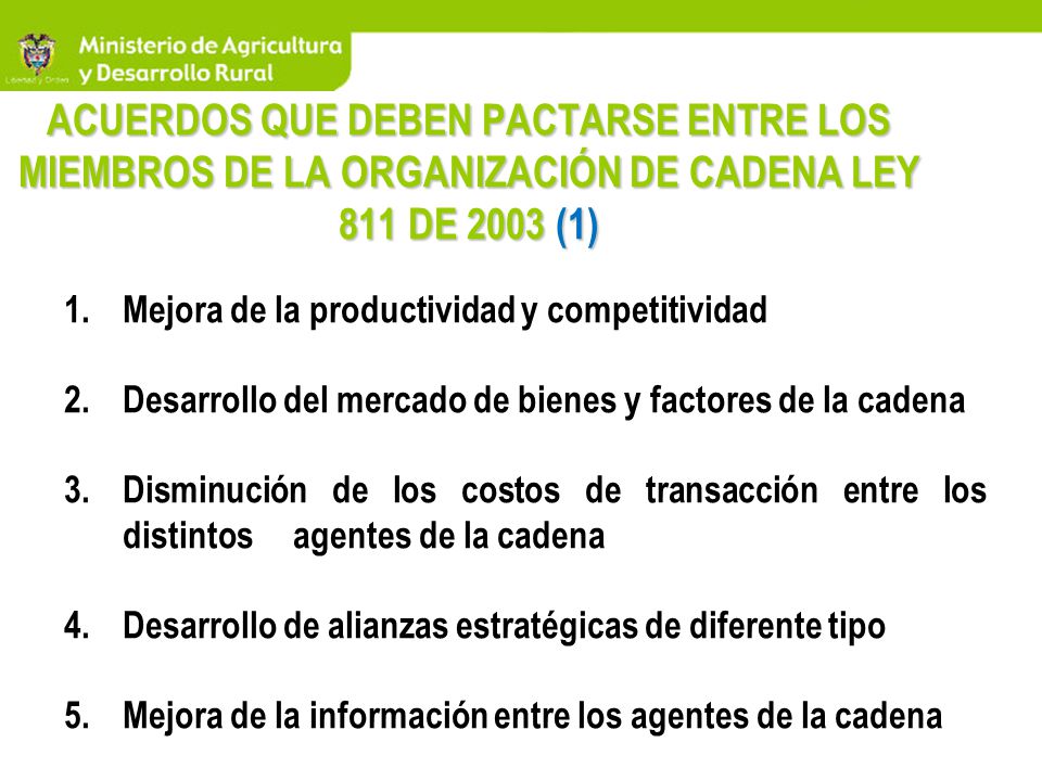 ACUERDOS QUE DEBEN PACTARSE ENTRE LOS MIEMBROS DE LA ORGANIZACIÓN DE CADENA LEY 811 DE 2003 (1)