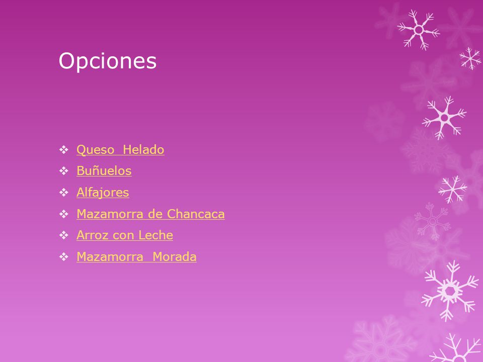 Opciones Queso Helado Buñuelos Alfajores Mazamorra de Chancaca