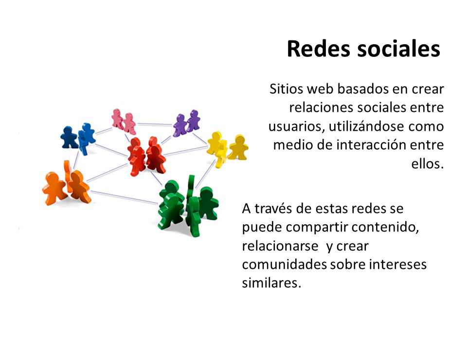 Redes sociales Sitios web basados en crear relaciones sociales entre usuarios, utilizándose como medio de interacción entre ellos.