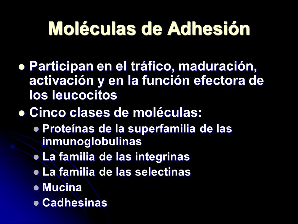 Moléculas de Adhesión Participan en el tráfico, maduración, activación y en la función efectora de los leucocitos.