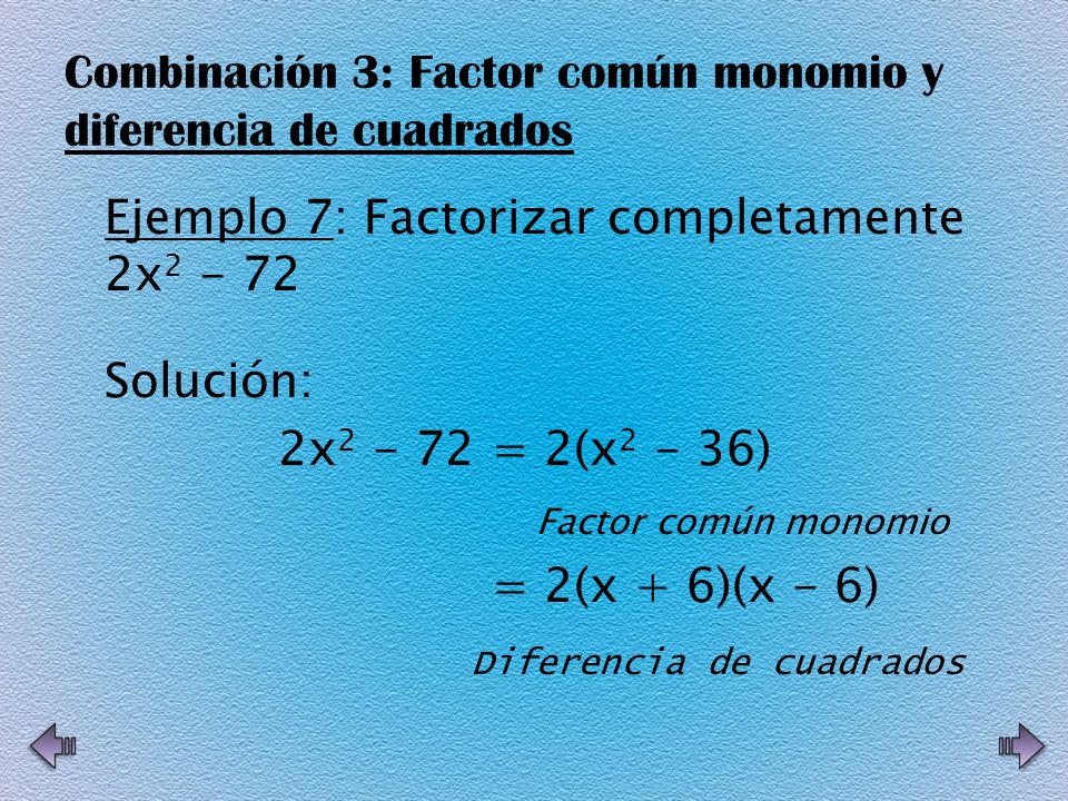 Combinación 3: Factor común monomio y diferencia de cuadrados