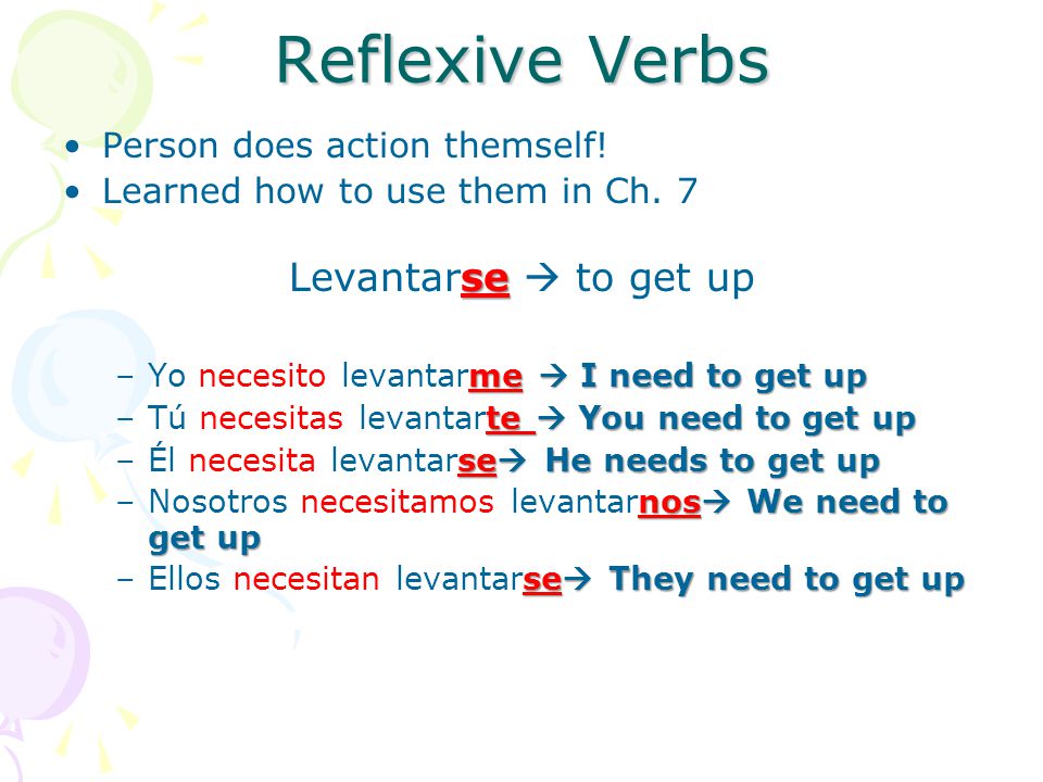 Reflexive Verbs Levantarse  to get up Person does action themself!