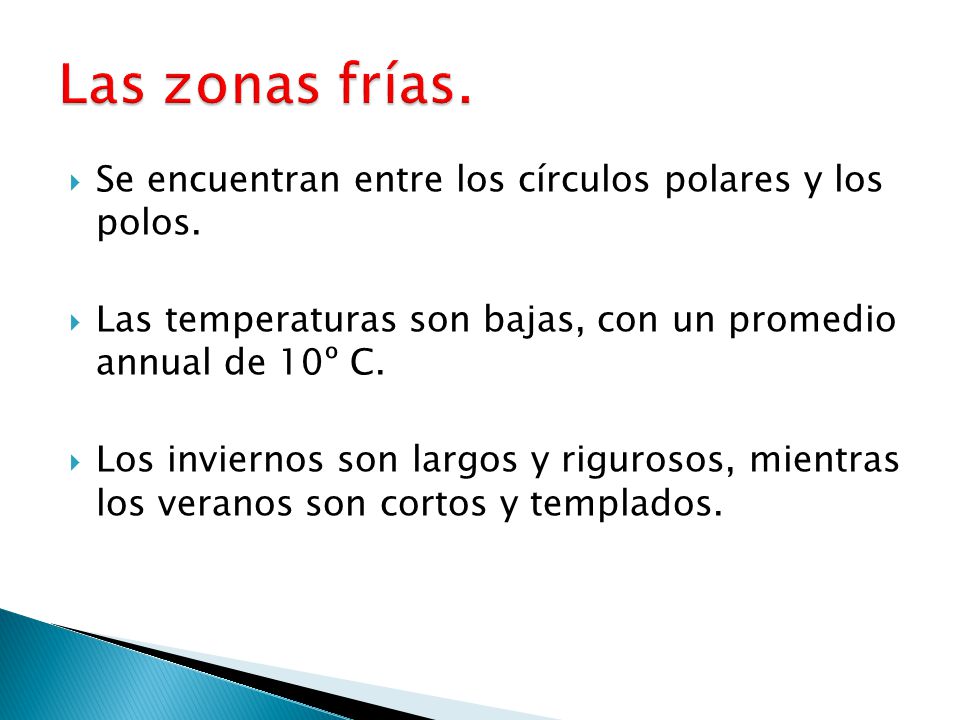 Las zonas frías. Se encuentran entre los círculos polares y los polos.