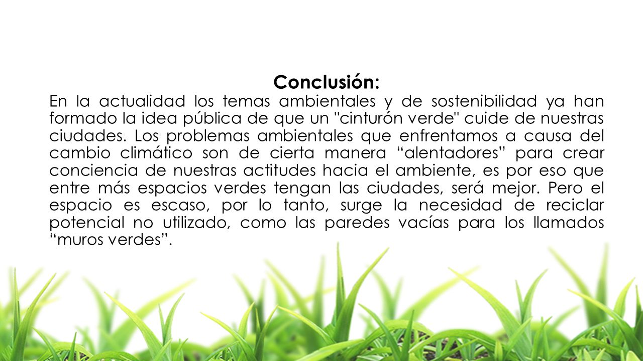 Conclusión: En la actualidad los temas ambientales y de sostenibilidad ya han formado la idea pública de que un cinturón verde cuide de nuestras ciudades.