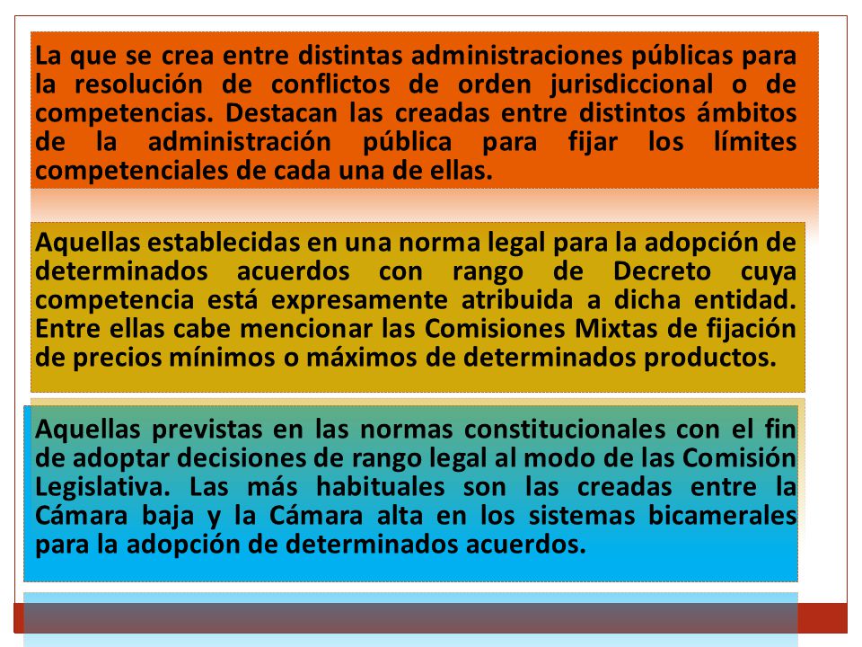 La que se crea entre distintas administraciones públicas para la resolución de conflictos de orden jurisdiccional o de competencias. Destacan las creadas entre distintos ámbitos de la administración pública para fijar los límites competenciales de cada una de ellas.
