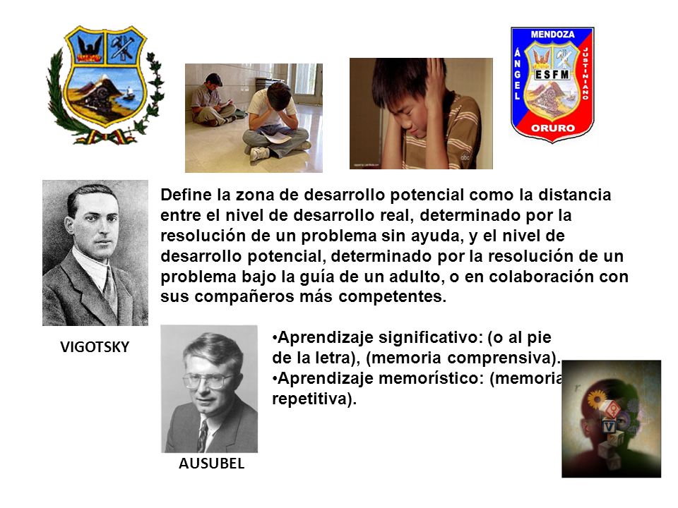 Define la zona de desarrollo potencial como la distancia entre el nivel de desarrollo real, determinado por la resolución de un problema sin ayuda, y el nivel de desarrollo potencial, determinado por la resolución de un problema bajo la guía de un adulto, o en colaboración con sus compañeros más competentes.