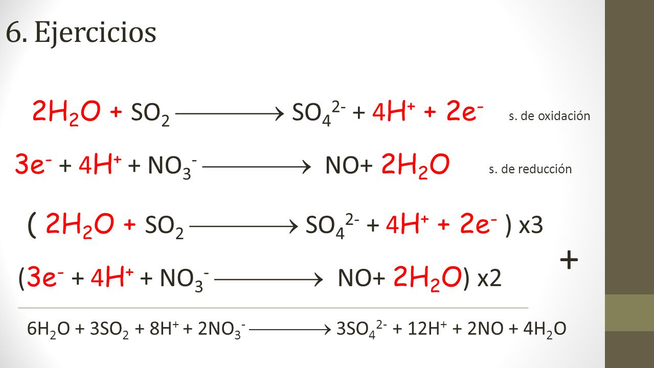 + 6. Ejercicios 2H2O + SO2  SO H+ + 2e- s. de oxidación