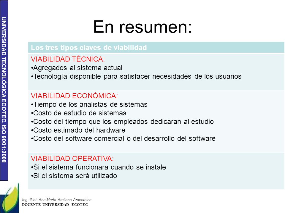 En resumen: Los tres tipos claves de viabilidad VIABILIDAD TÉCNICA: