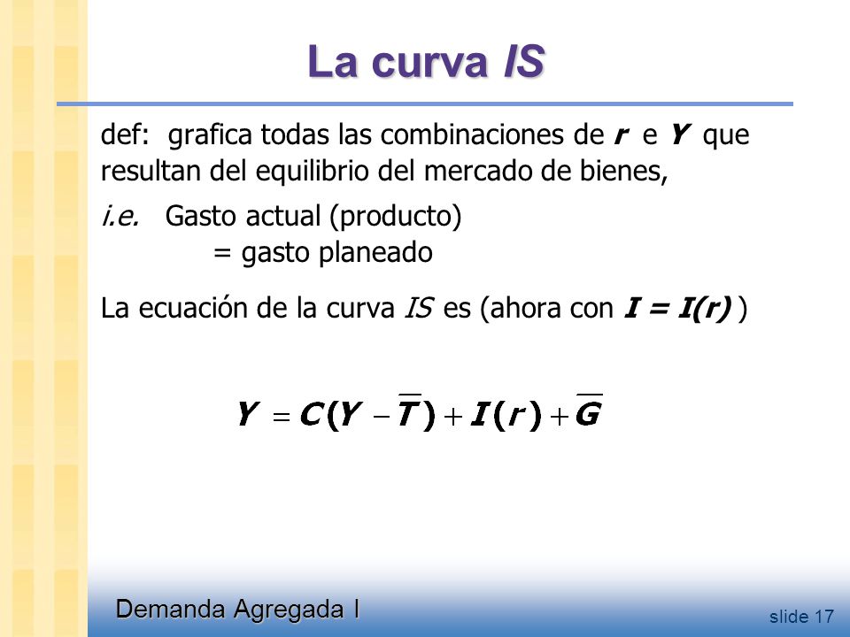Derivando la curva IS r  I  E  Y E =C +I (r2 )+G
