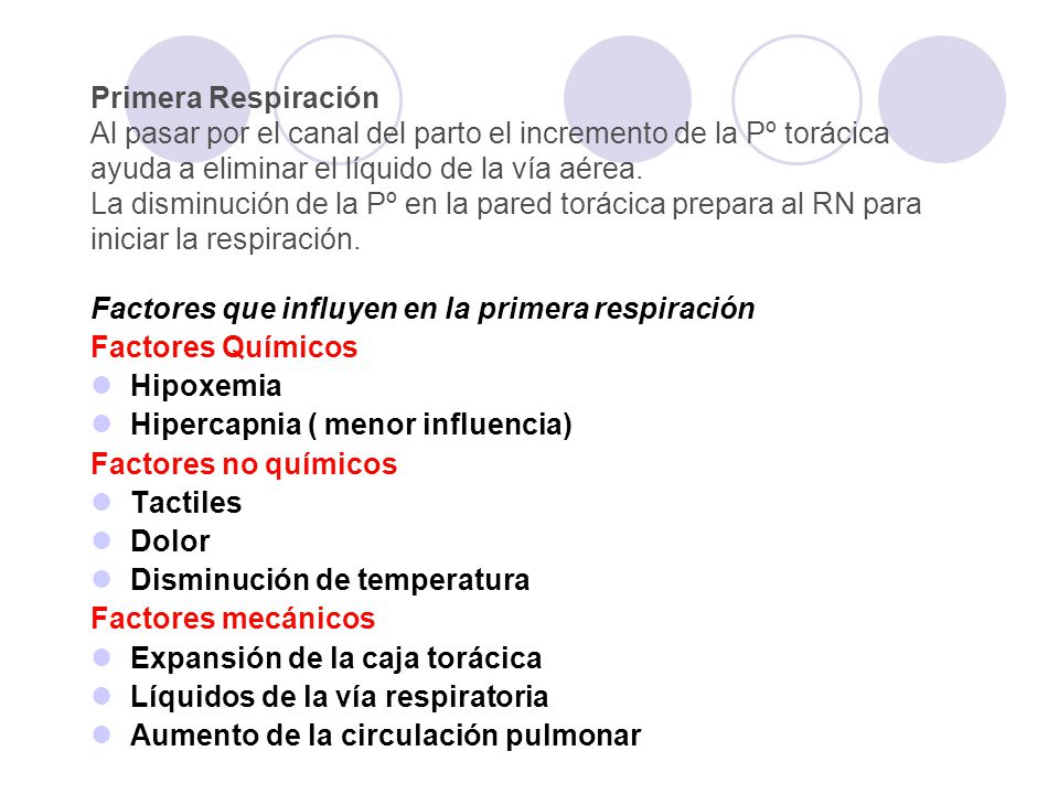 Primera Respiración Al pasar por el canal del parto el incremento de la Pº torácica ayuda a eliminar el líquido de la vía aérea. La disminución de la Pº en la pared torácica prepara al RN para iniciar la respiración.