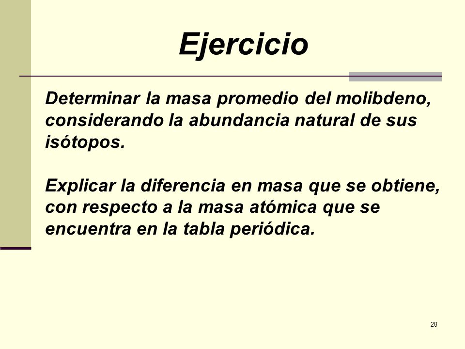 Ejercicio Determinar la masa promedio del molibdeno, considerando la abundancia natural de sus isótopos.