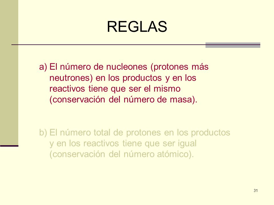 REGLAS El número de nucleones (protones más neutrones) en los productos y en los reactivos tiene que ser el mismo (conservación del número de masa).