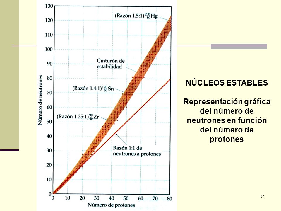 NÚCLEOS ESTABLES Representación gráfica del número de neutrones en función del número de protones