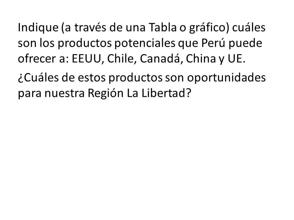 Indique (a través de una Tabla o gráfico) cuáles son los productos potenciales que Perú puede ofrecer a: EEUU, Chile, Canadá, China y UE.