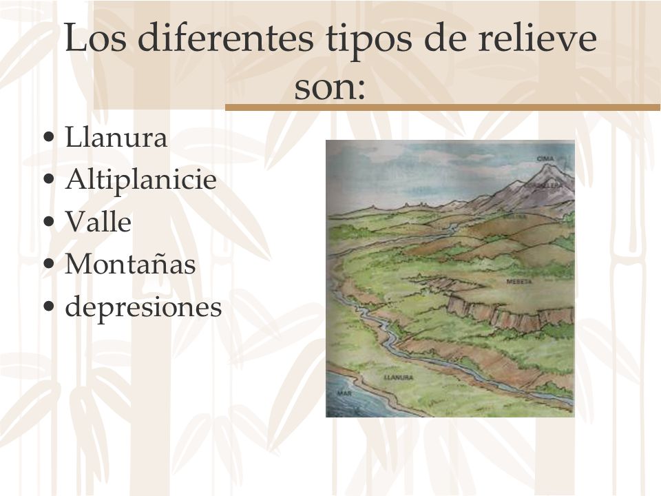 Los diferentes tipos de relieve son: